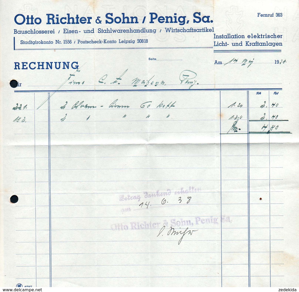 B4587 - Penig - Otto Richter & Sohn - Schlosserei Eisen Und Stahlwaren - Rechnung 1938 - 1900 – 1949