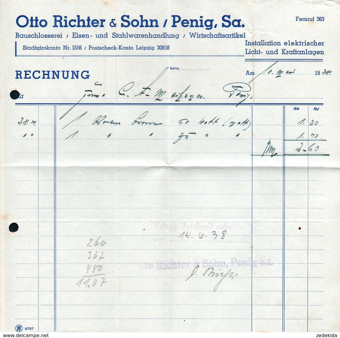 B4588 - Penig - Otto Richter & Sohn - Schlosserei Eisen Und Stahlwaren - Rechnung 1938 - 1900 – 1949
