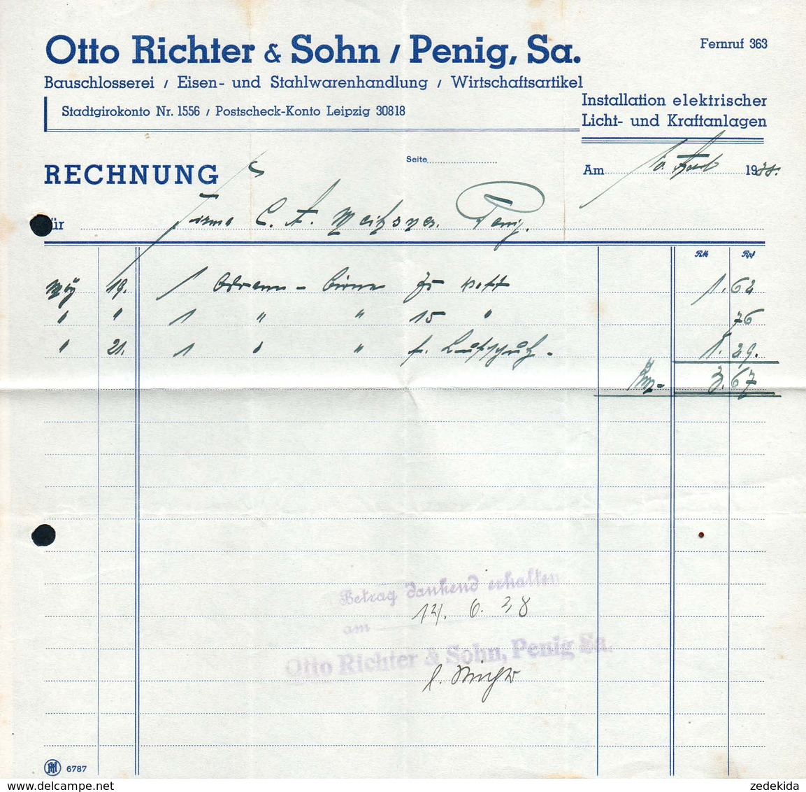 B4589 - Penig - Otto Richter & Sohn - Schlosserei Eisen Und Stahlwaren - Rechnung 1938 - 1900 – 1949