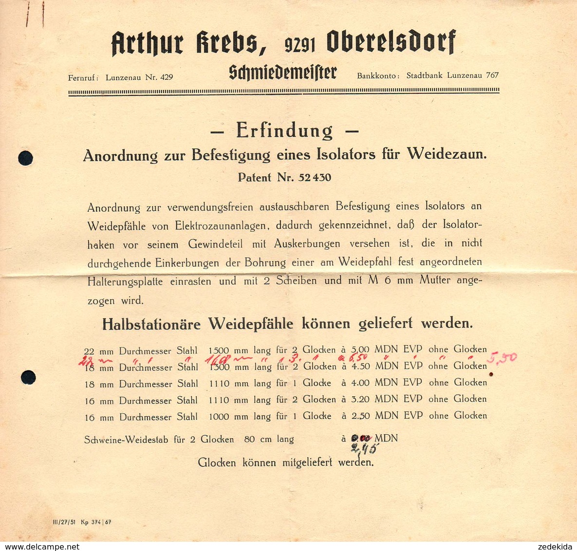 B4591 - Oberelsdorf Bei Lunzenau - Arthur Krebs - Schmiedemeister - Patent - 1950 - ...