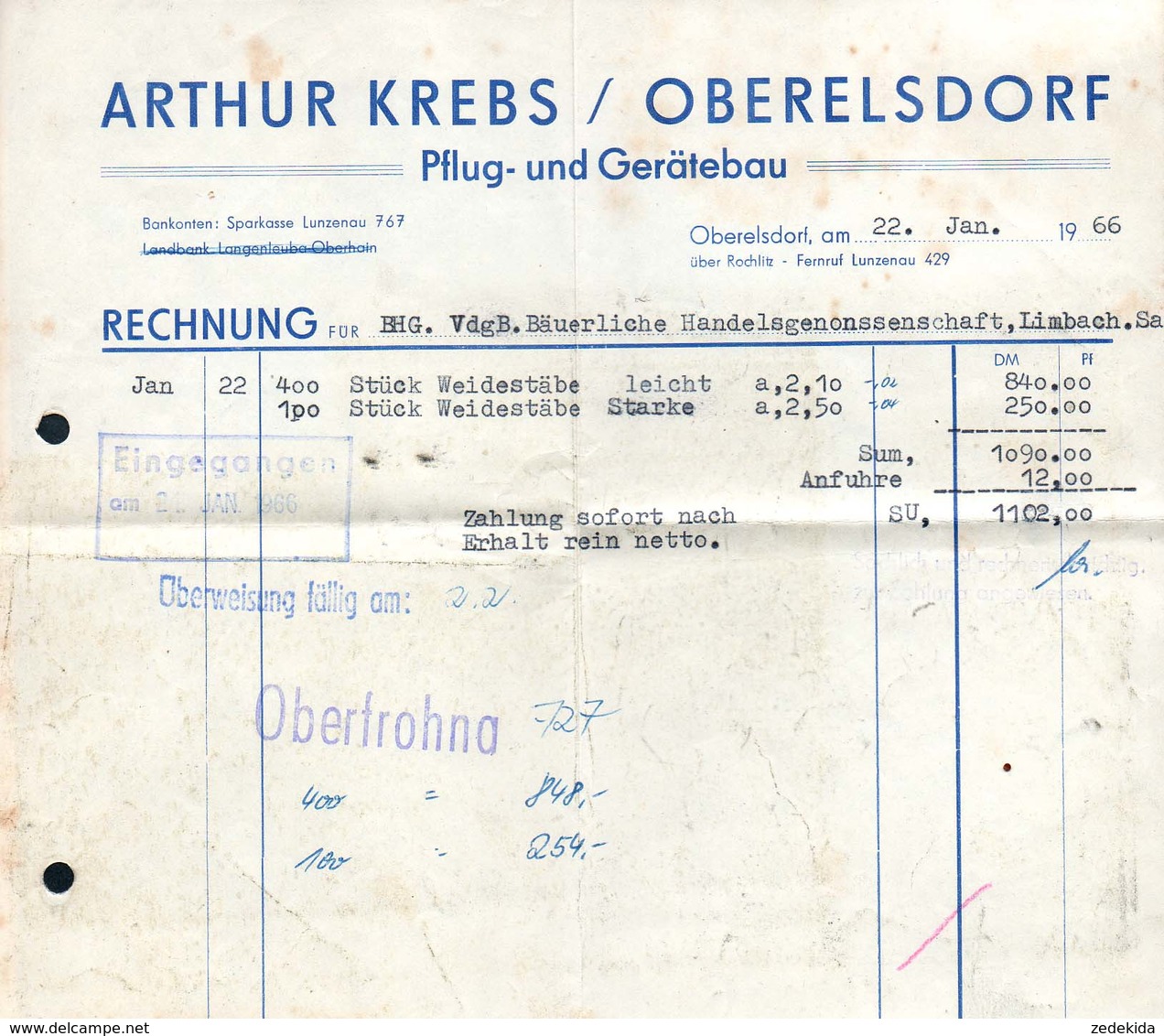 B4592 - Oberelsdorf Bei Lunzenau - Arthur Krebs - Pflug Und Gerätebau - Rechnung 1966 - 1950 - ...