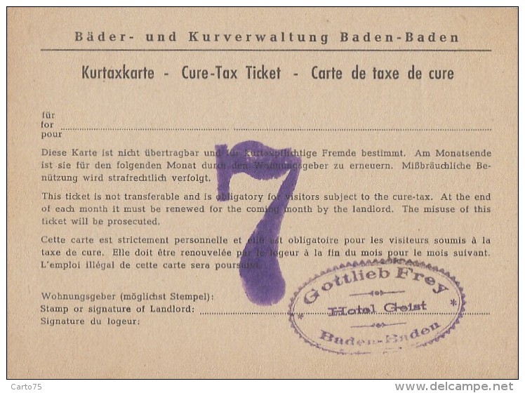 Santé - Thermalisme - Cure Thermale - Lot De 2 Cartes De Taxe De Cure - Cachet Gottlieb Frey Hotel Geist Baden Baden - Santé