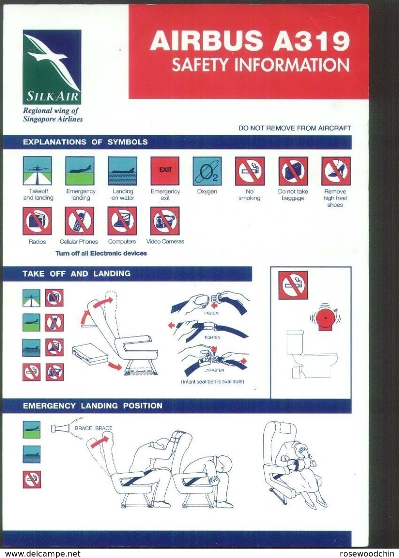 BRAND NEW  !  Singapore Airlines Silk Air SilkAir Airbus A319 Safety Information Card (#4) - Veiligheidskaarten