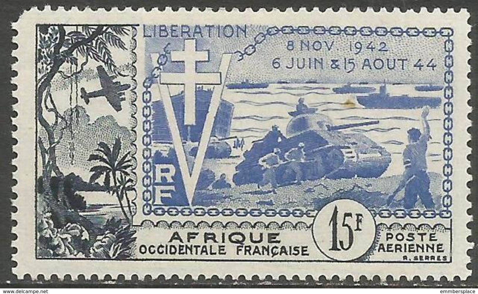 French West Africa - 1954 Liberation Anniversary 15f  MH *   Mi 65   Sc C17 - Unused Stamps