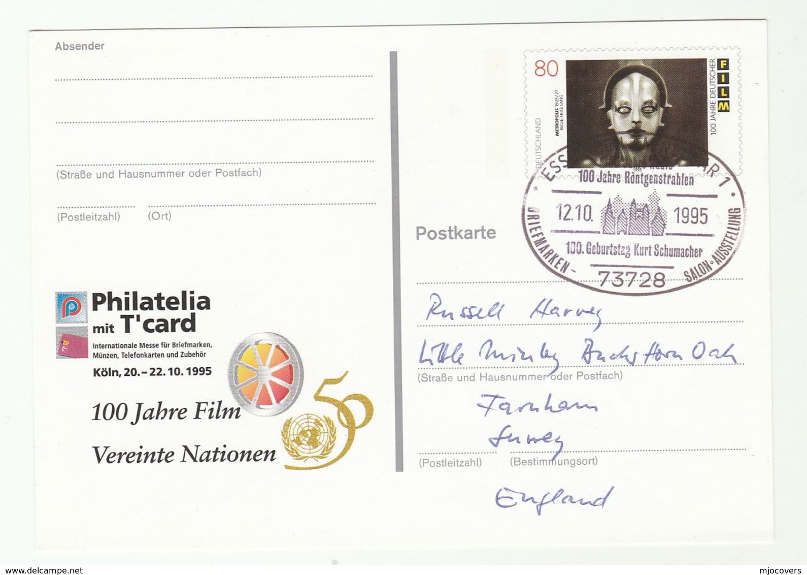 1995 RONTGEN XRAY 100th ANNIV On METROPOLIS MOVIE Postal STATIONERY CARD Cover GERMANY Stamp Film Cinema Health Medicine - Physics