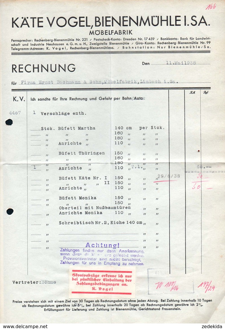 B4595 - Bienenmühle - Käte Vogel  -  Möbelfabrik - Rechnung Quittung 1938 - 1900 – 1949