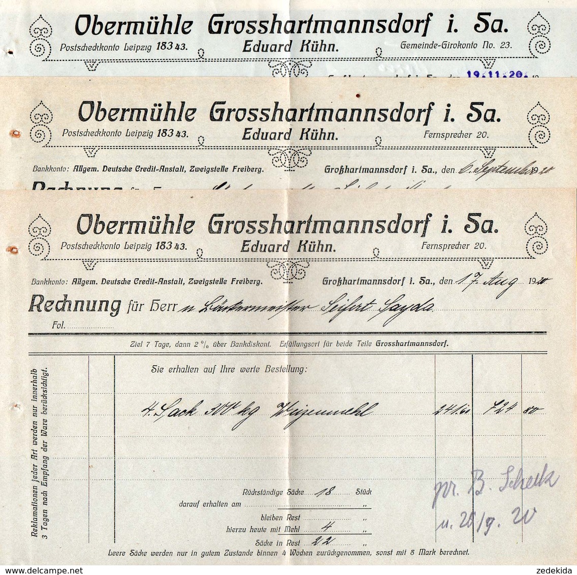 3521 - 3 X - Großhartmannsdorf Obermühle - Eduard Kühn - Rechnung Quittung 1920 - 1900 – 1949
