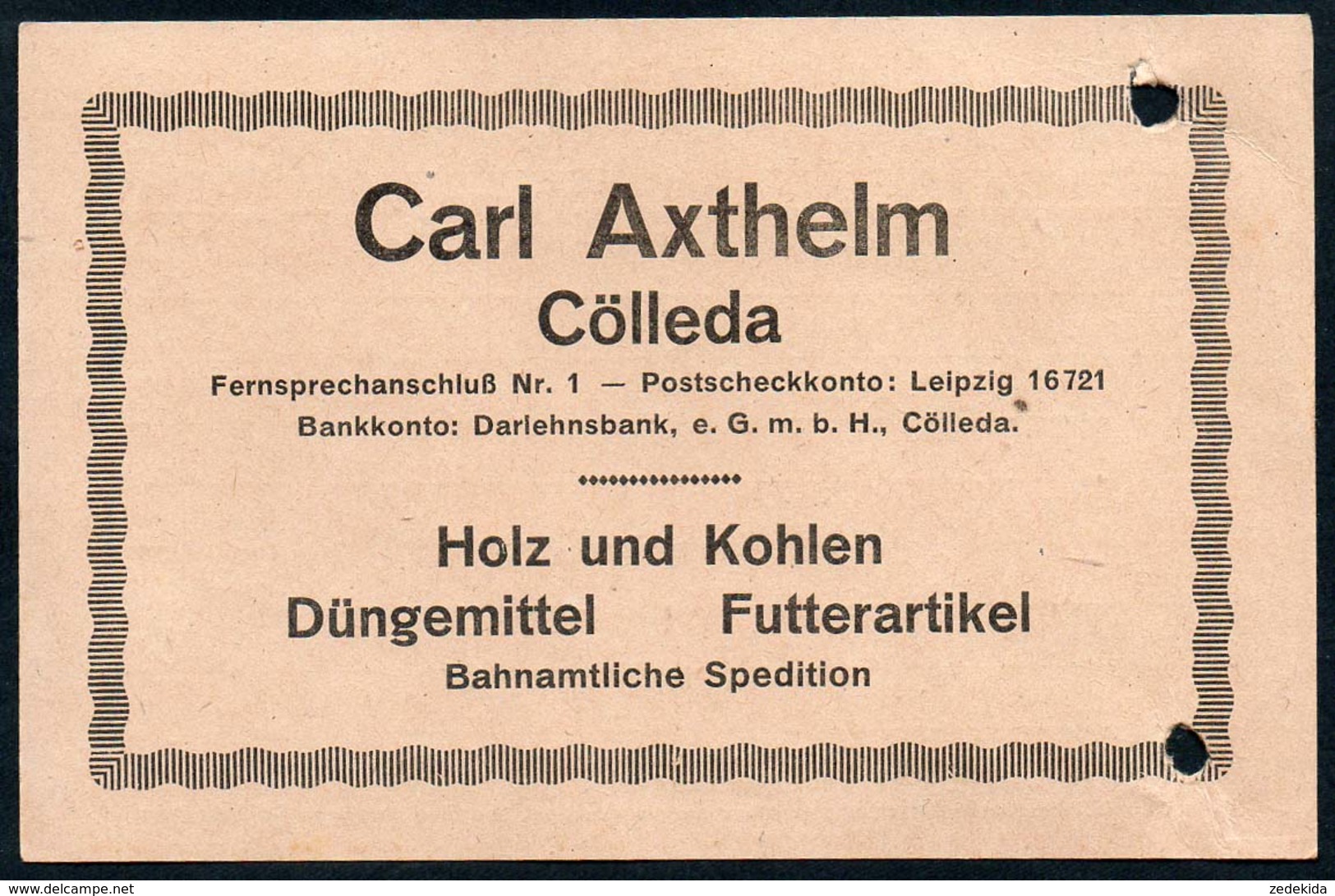 B4599 - Cölleda - Carl Axthelm - Holz Kohlen Düngemittel Futterartikel  - Rechnung Quittung 1919 - 1900 – 1949