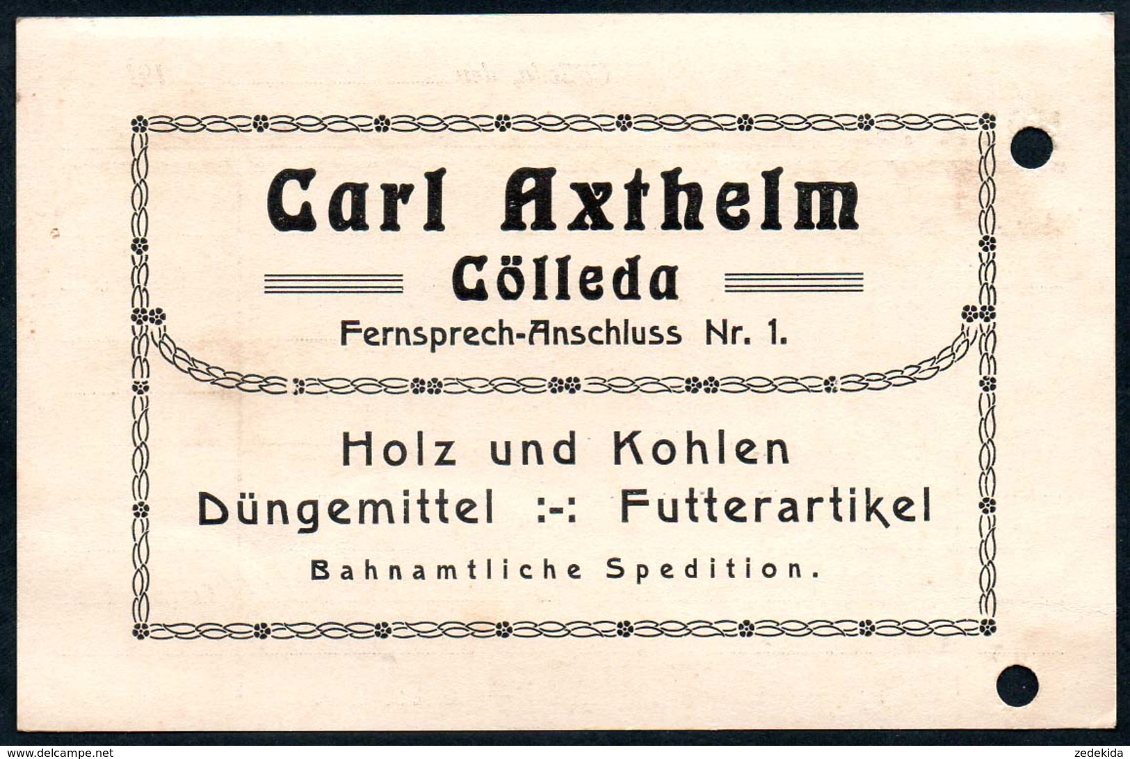 B4600 - Cölleda - Carl Axthelm - Holz Kohlen Düngemittel Futterartikel  - Rechnung Quittung 1919 - 1900 – 1949