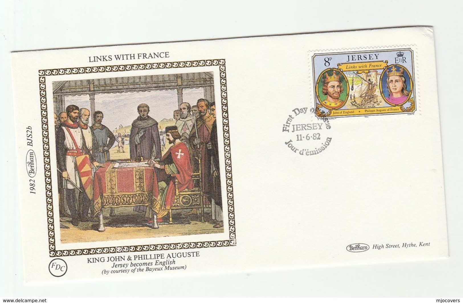 1982 JERSEY Special SILK FDC  SIEGE Of ROUEN KING JOHN PHILLIPE AUGUSTE Heraldic Cover Stamps Royalty - Royalties, Royals