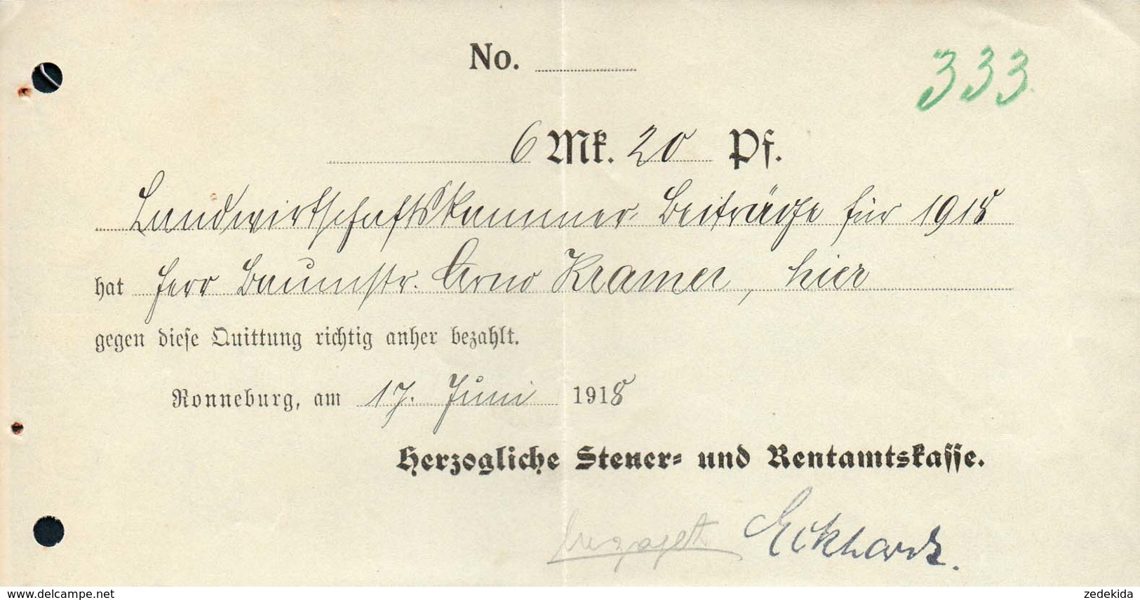 B4613 - Ronneburg - Rentamtkasse - Rechnung Quittung - 1918 - 1900 – 1949
