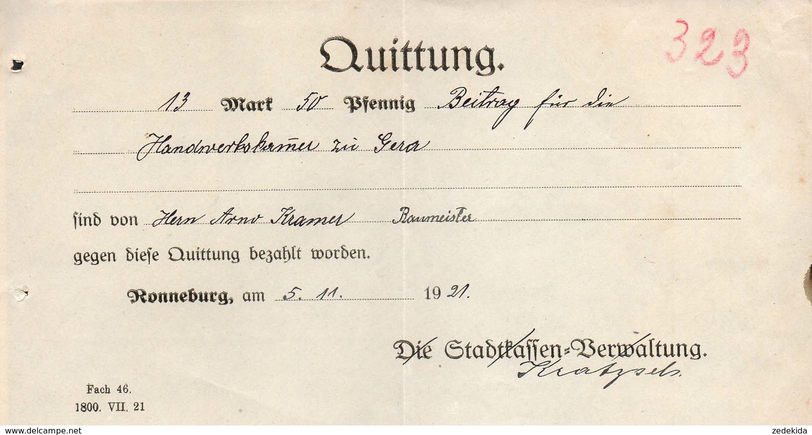 B4614 - Ronneburg - Stadtkasse - Rechnung Quittung - 1921 - 1900 – 1949