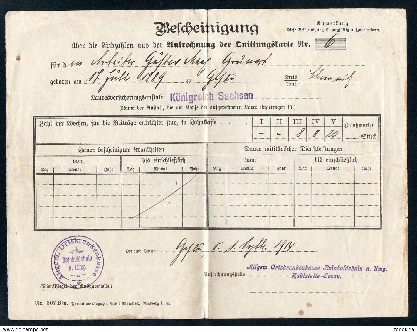 3499 - Reinholdshain - Quittungskarte Quittung - Landesversicherungsanstalt Sachsen - Versicherung Stempel 1914 - 1900 – 1949