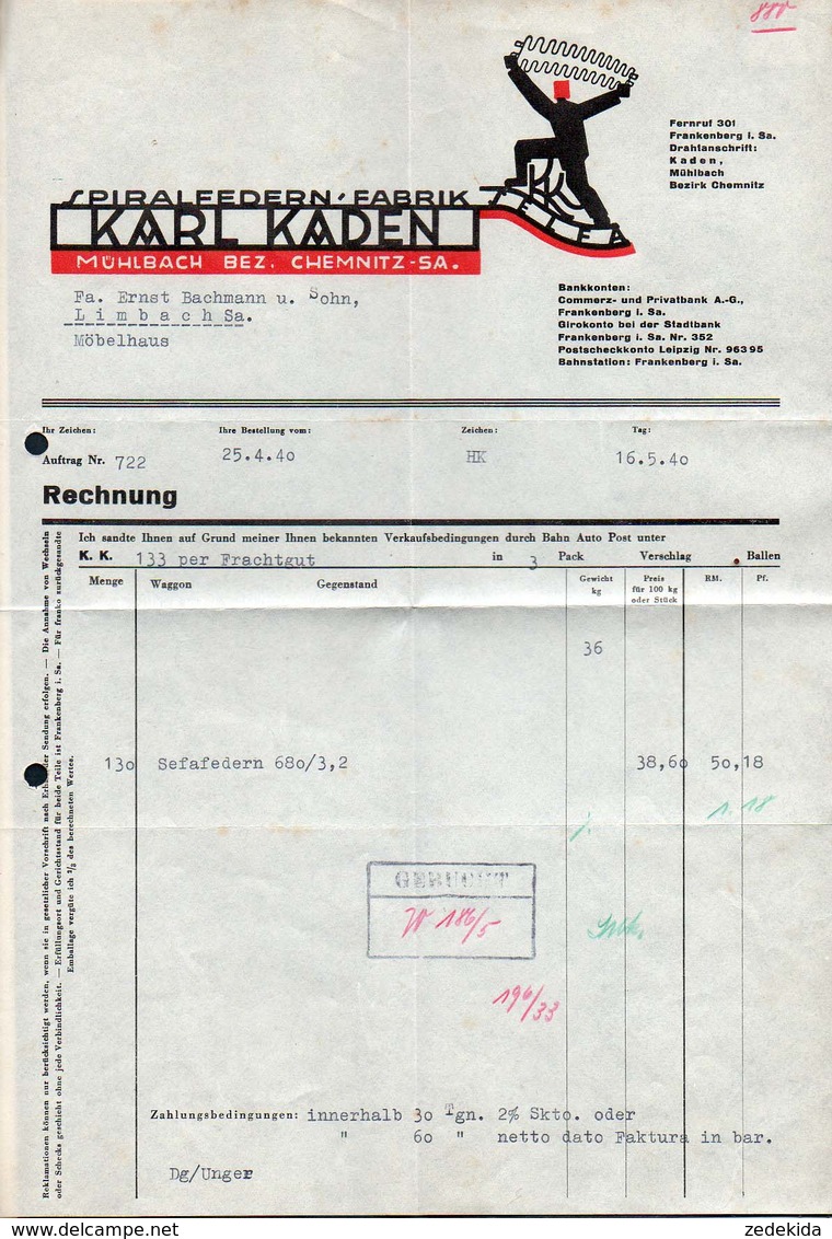 B4618 - Mühlbach Bez. Chemnitz - Karl Kaden - Spiralfedern Fabrik - Rechnung Quittung 1940 - 1900 – 1949