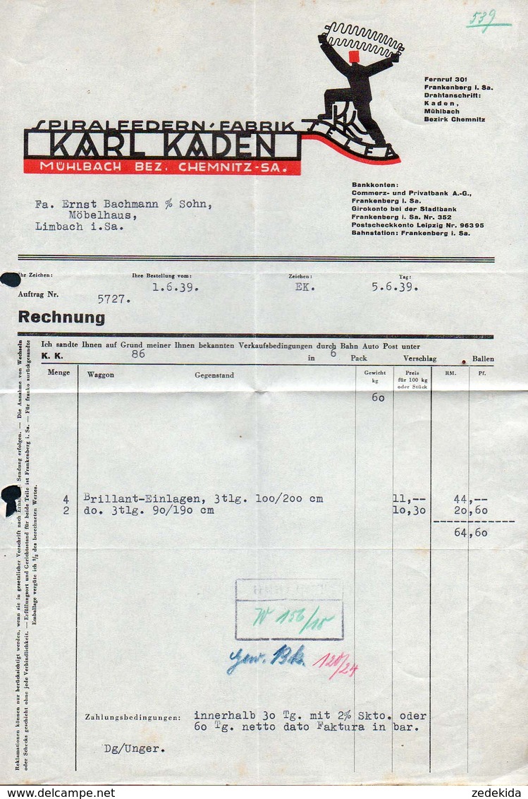 B4619 - Mühlbach Bez. Chemnitz - Karl Kaden - Spiralfedern Fabrik - Rechnung Quittung 1939 - 1900 – 1949