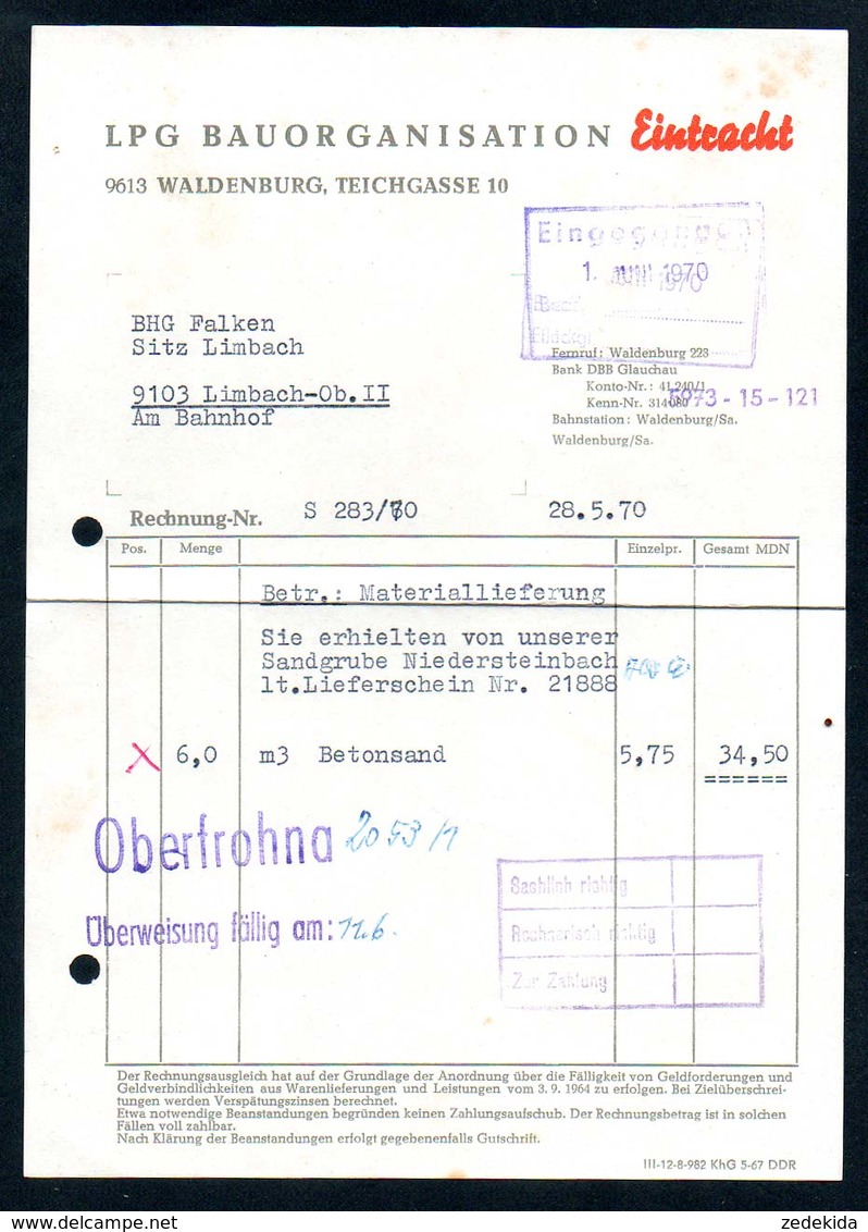 B4621 - Waldenburg Limbach - LPG Bauorganisation Eintracht - Rechnung Quittung 1970 - 1950 - ...