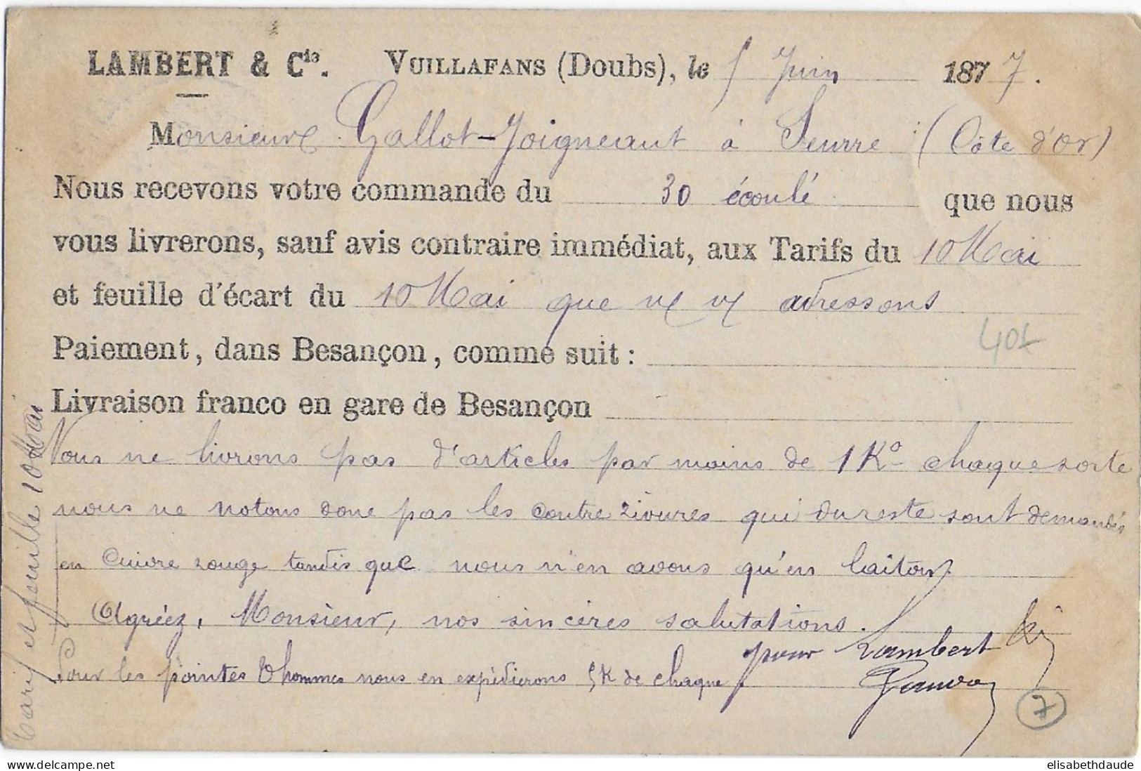 1877 - SAGE - CARTE PRECURSEUR ENTIER Avec REPIQUAGE De VUILLAFANS (DOUBS) => SEURRE - Cartes Précurseurs