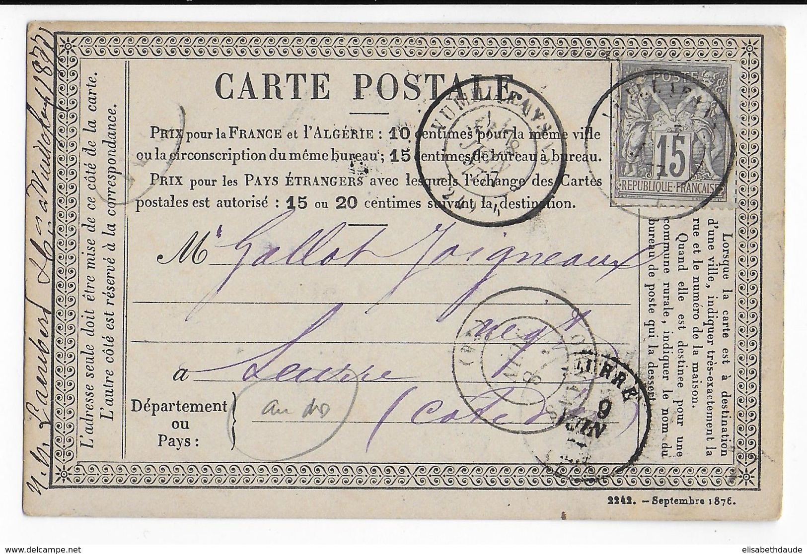 1877 - SAGE - CARTE PRECURSEUR ENTIER Avec REPIQUAGE De VUILLAFANS (DOUBS) => SEURRE - Precursor Cards