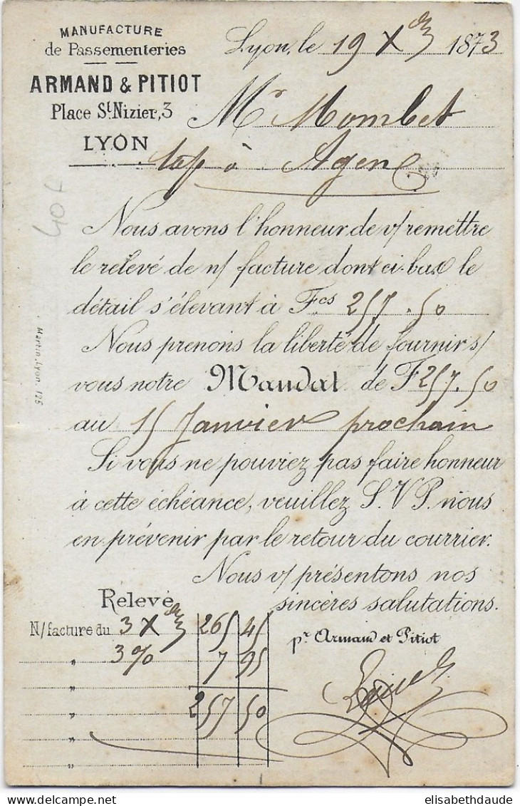 1873 - CERES - CARTE PRECURSEUR ENTIER Avec REPIQUAGE De LYON => AGEN - Precursor Cards