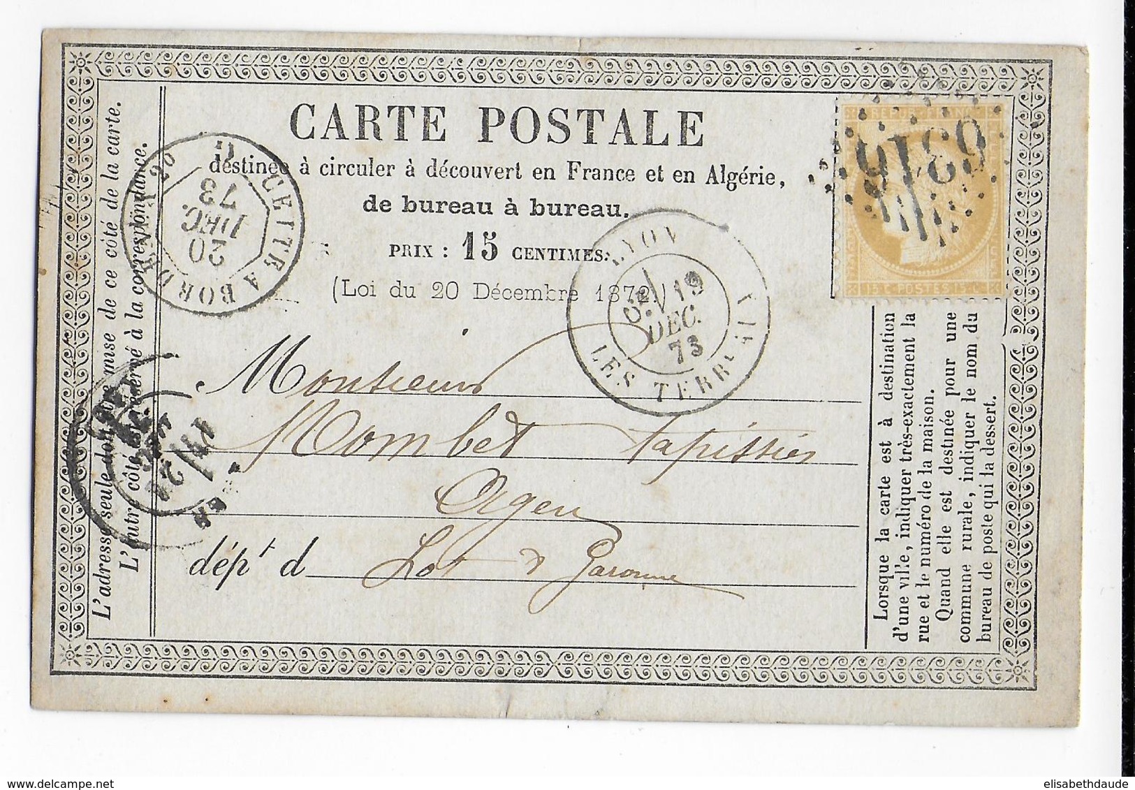 1873 - CERES - CARTE PRECURSEUR ENTIER Avec REPIQUAGE De LYON => AGEN - Cartes Précurseurs