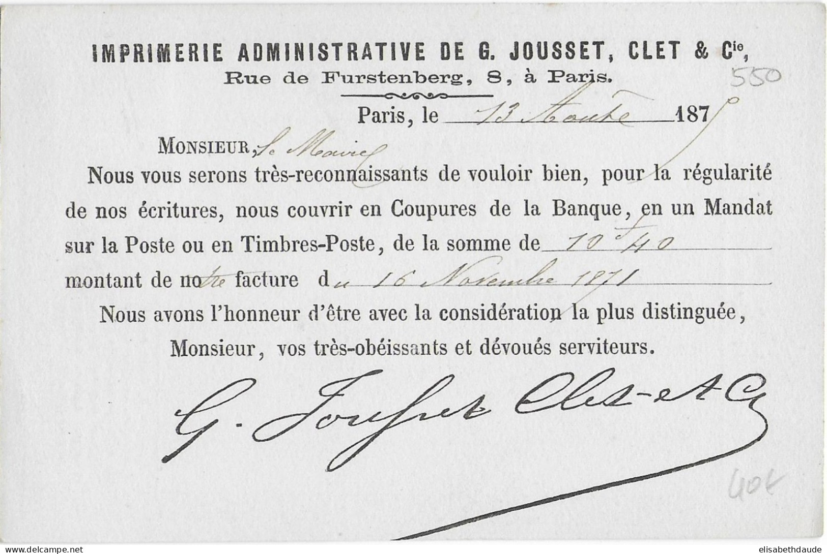 1875 - CERES NON OBLITERE - CARTE PRECURSEUR ENTIER Avec REPIQUAGE De PARIS => LOT - Precursor Cards