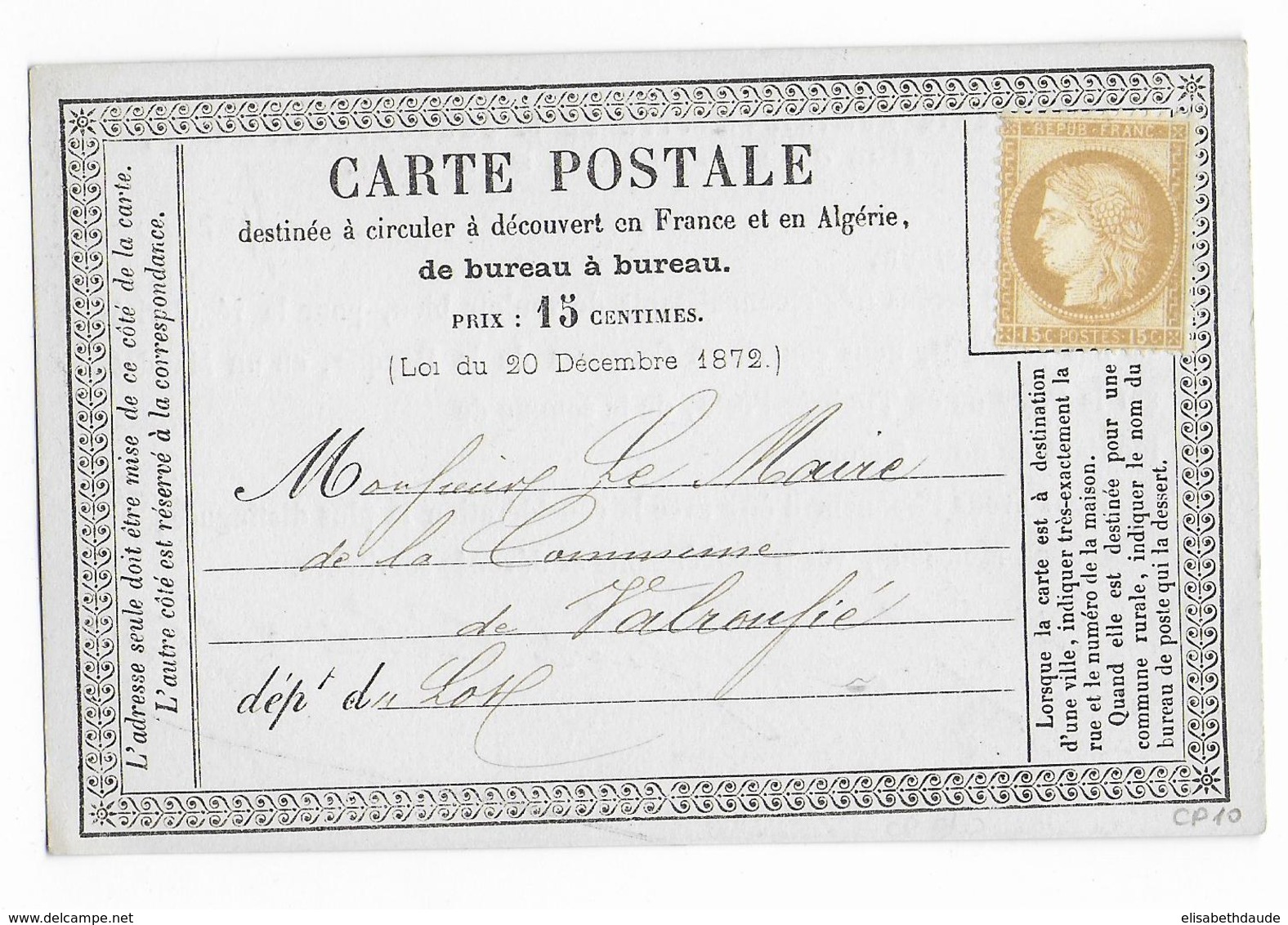 1875 - CERES NON OBLITERE - CARTE PRECURSEUR ENTIER Avec REPIQUAGE De PARIS => LOT - Vorläufer