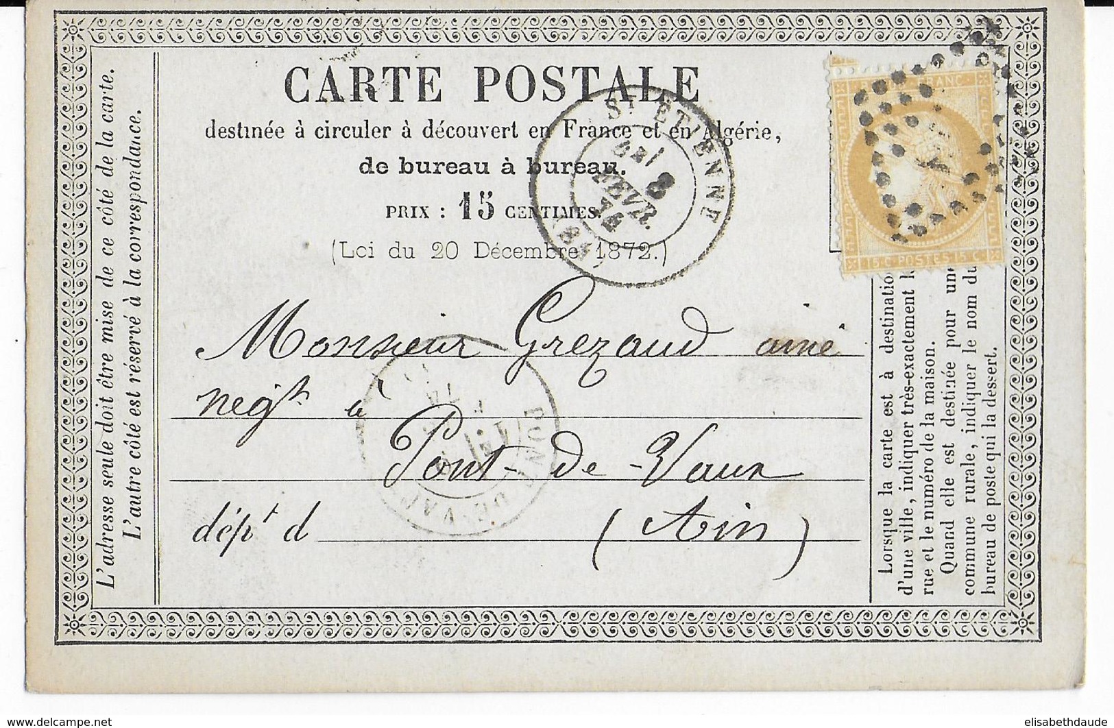 1874 - CERES - CARTE PRECURSEUR ENTIER Avec REPIQUAGE De ST ETIENNE (LOIRE) => PONT DE VAUX (AIN) - Cartes Précurseurs