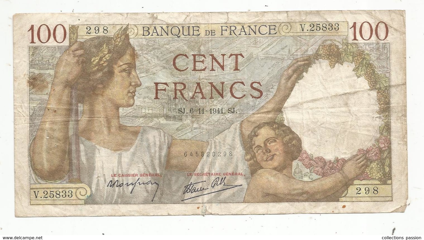 Billet , Cent Francs ,100 , 6-11-1941 , 2 Scans, Frais Fr 1.45 E - 100 F 1908-1939 ''Luc Olivier Merson''