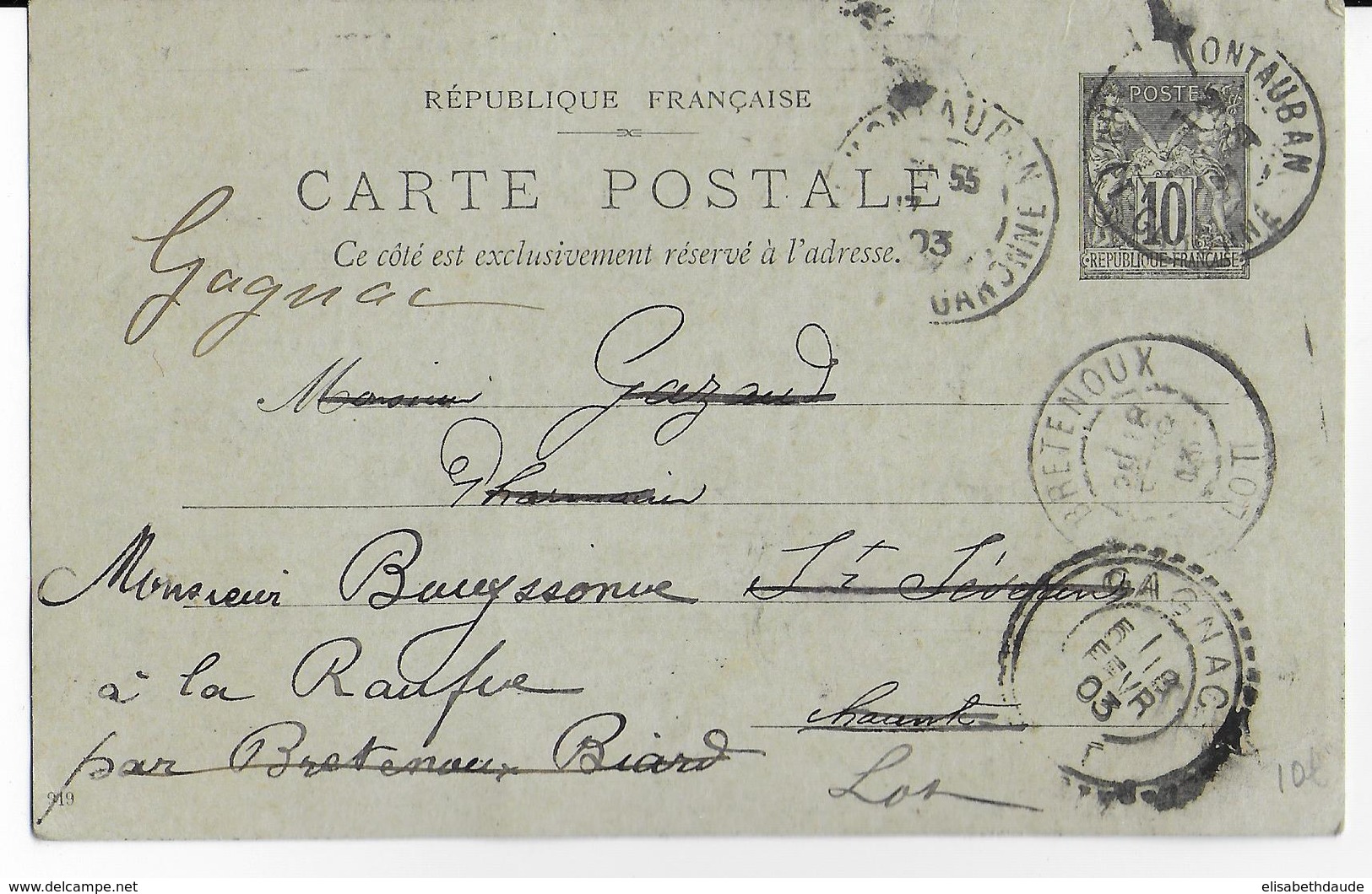 1903 - SAGE - CARTE ENTIER REPIQUEE Et UTILISEE 2 FOIS !! De MONTAUBAN (TARN ET GARONNE) - Bijgewerkte Postkaarten  (voor 1995)