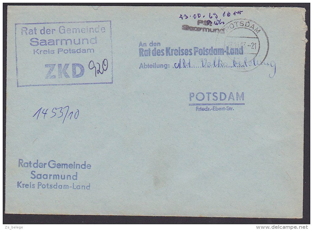 PSt. SAARMUND Kreis Potsdam ZKD-Kastenstempel 1963  Abt. Volksbildung In Potsdam Behörde Rat Der Gemeinde - Sonstige & Ohne Zuordnung