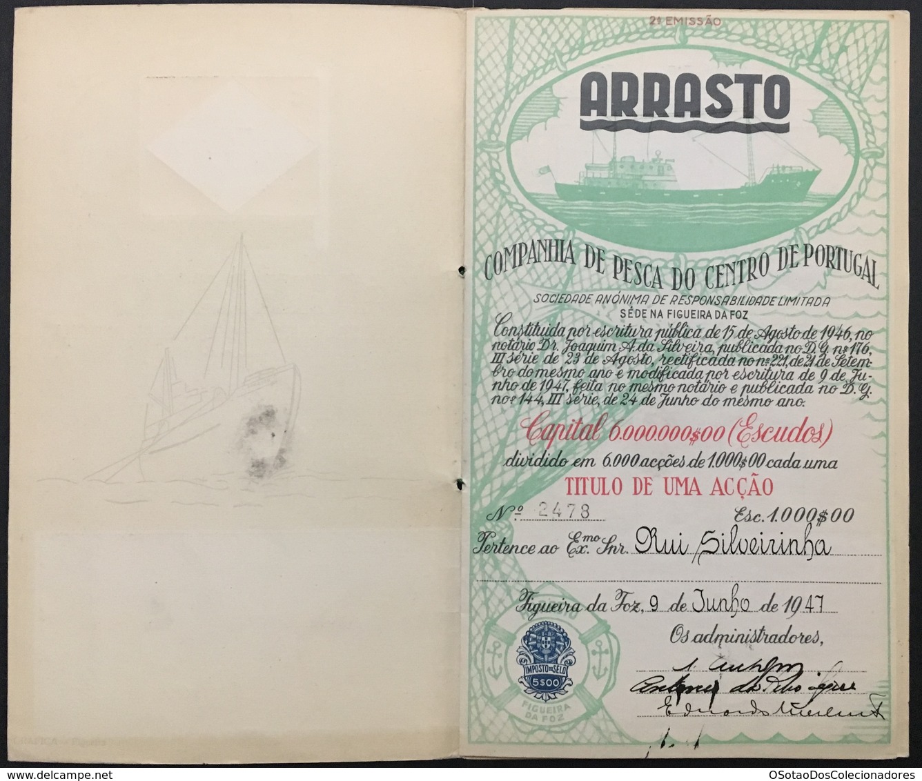 Titulo Acção Arrasto - Companhia Pesca Do Centro Portugal - Figueira Foz - One Share Certified 1947 - Fishing Company - Industrie