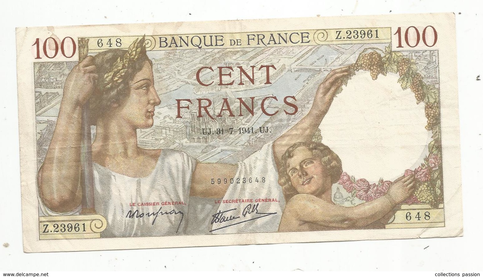 Billet , Cent Francs, 100 , 31-7-1941 , SULLY , 2 Scans , Frais Fr 1.45 E - 100 F 1939-1942 ''Sully''