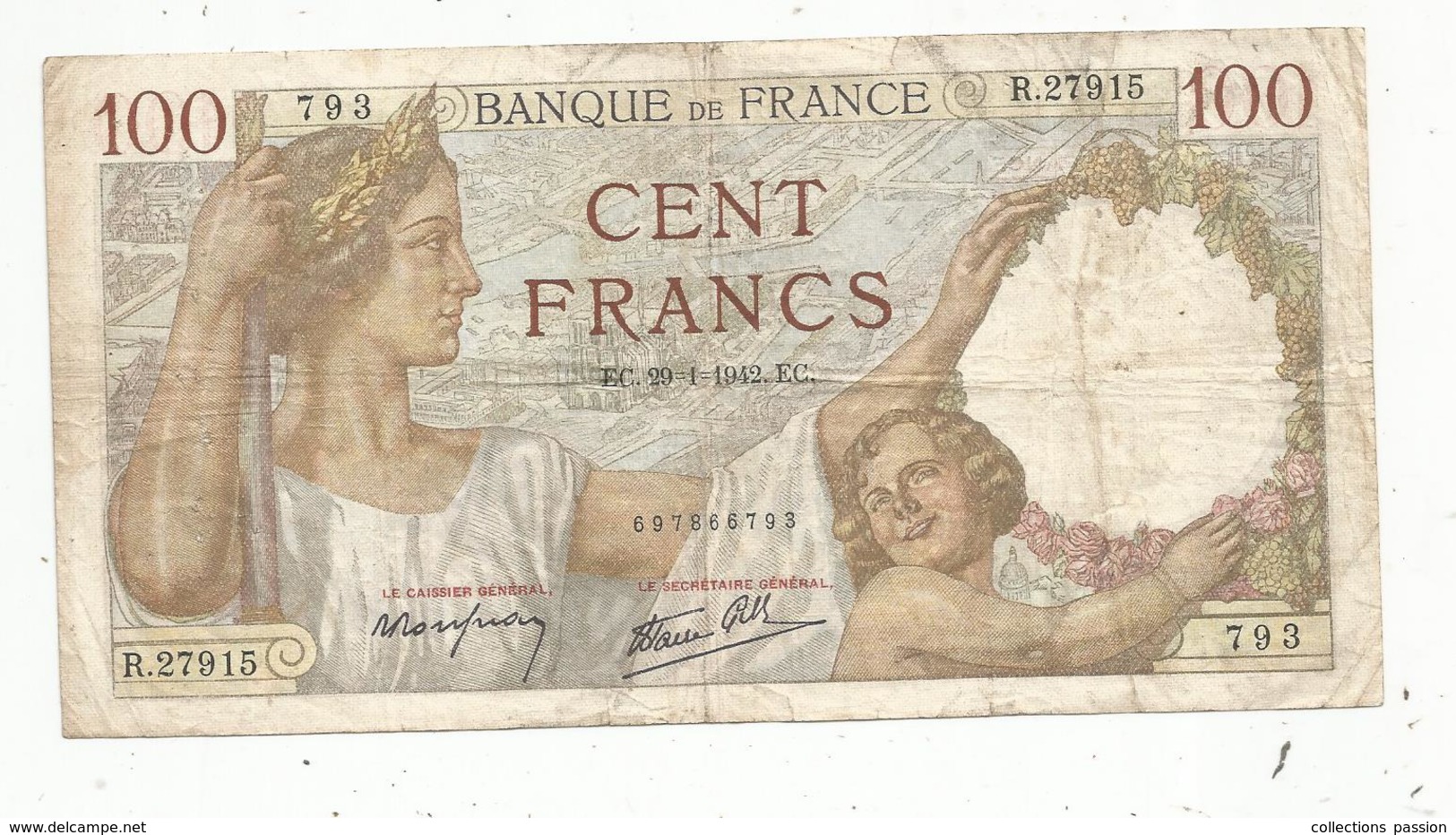 Billet , Cent Francs, 100 , 29-1-1942 , SULLY , 2 Scans, Frais Fr 1.45 E - 100 F 1939-1942 ''Sully''