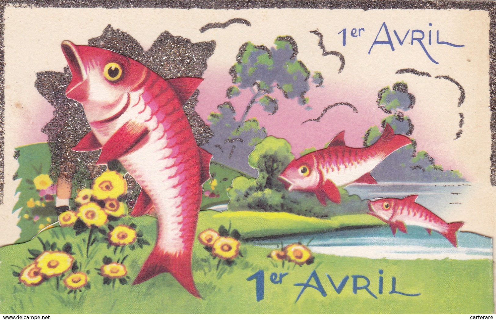 Cpa,poisson Et 1er Avril,poisson D'avril Rouge Avec Paillette,et Ajouti,rare - April Fool's Day