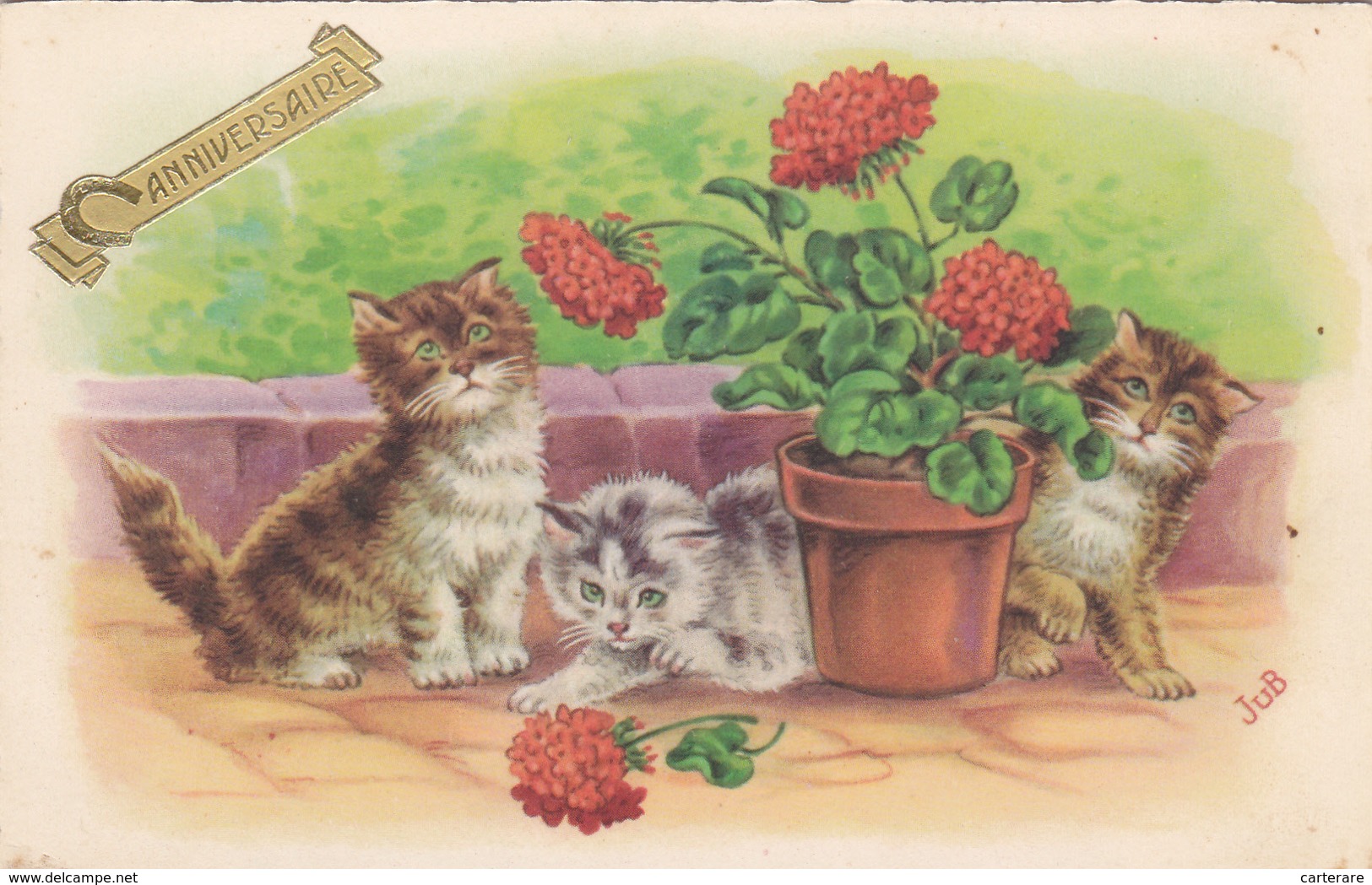 Carte De Luxe De Bonne Anniversaire,avec Chat,chaton,cat,pot De Fleurs,logo En Relief,édition MD PARIS RARE - Geburtstag