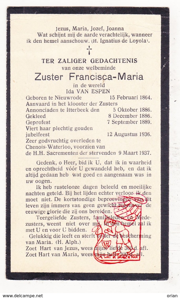 DP EZ Ida Van Espen - Zr. Francisca Maria ° Nieuwrode Holsbeek 1864 † Chenois Waterloo 1937 / Klooster Itterbeek Dilbeek - Devotion Images