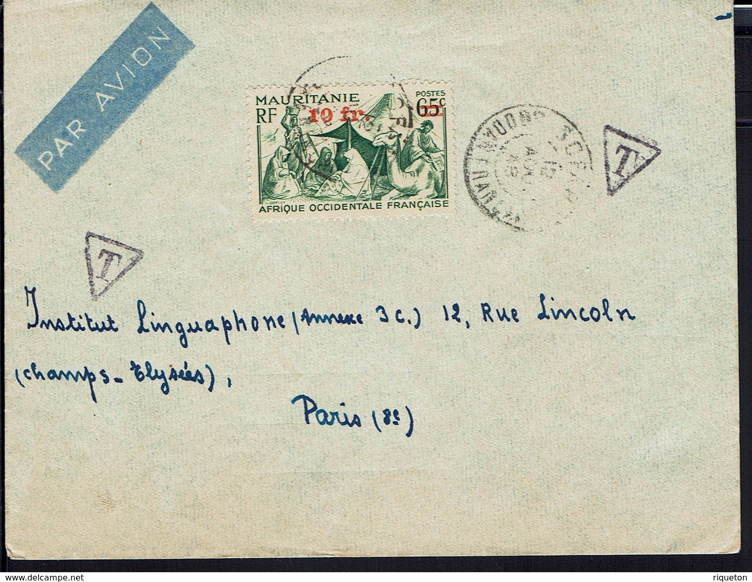 MAURITANIE- 1948 - Timbre N° 136 Surchargé Sur Enveloppe Vers Paris - Taxes T Dans Triangles Fermés - B/TB - - Storia Postale