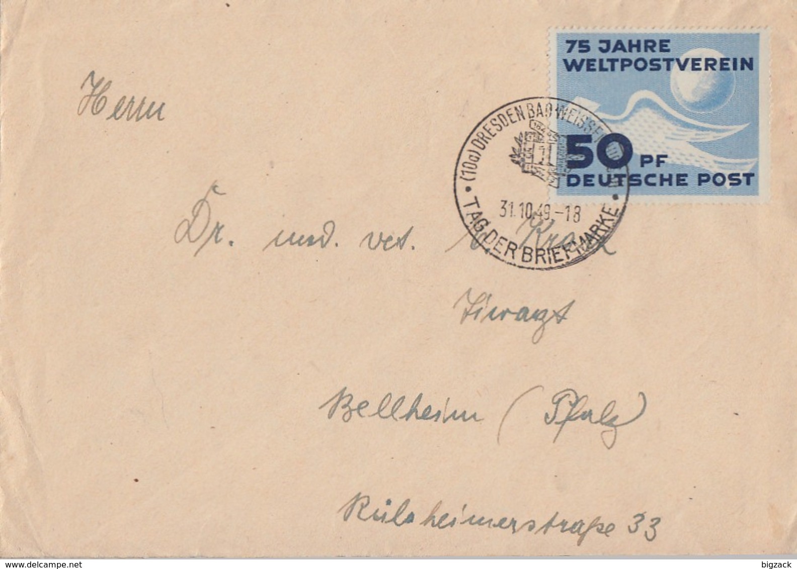 DDR Brief EF Minr.242 SST Dresden 31.10.49 Gel. Nach Bellheim (Pfalz) - Briefe U. Dokumente