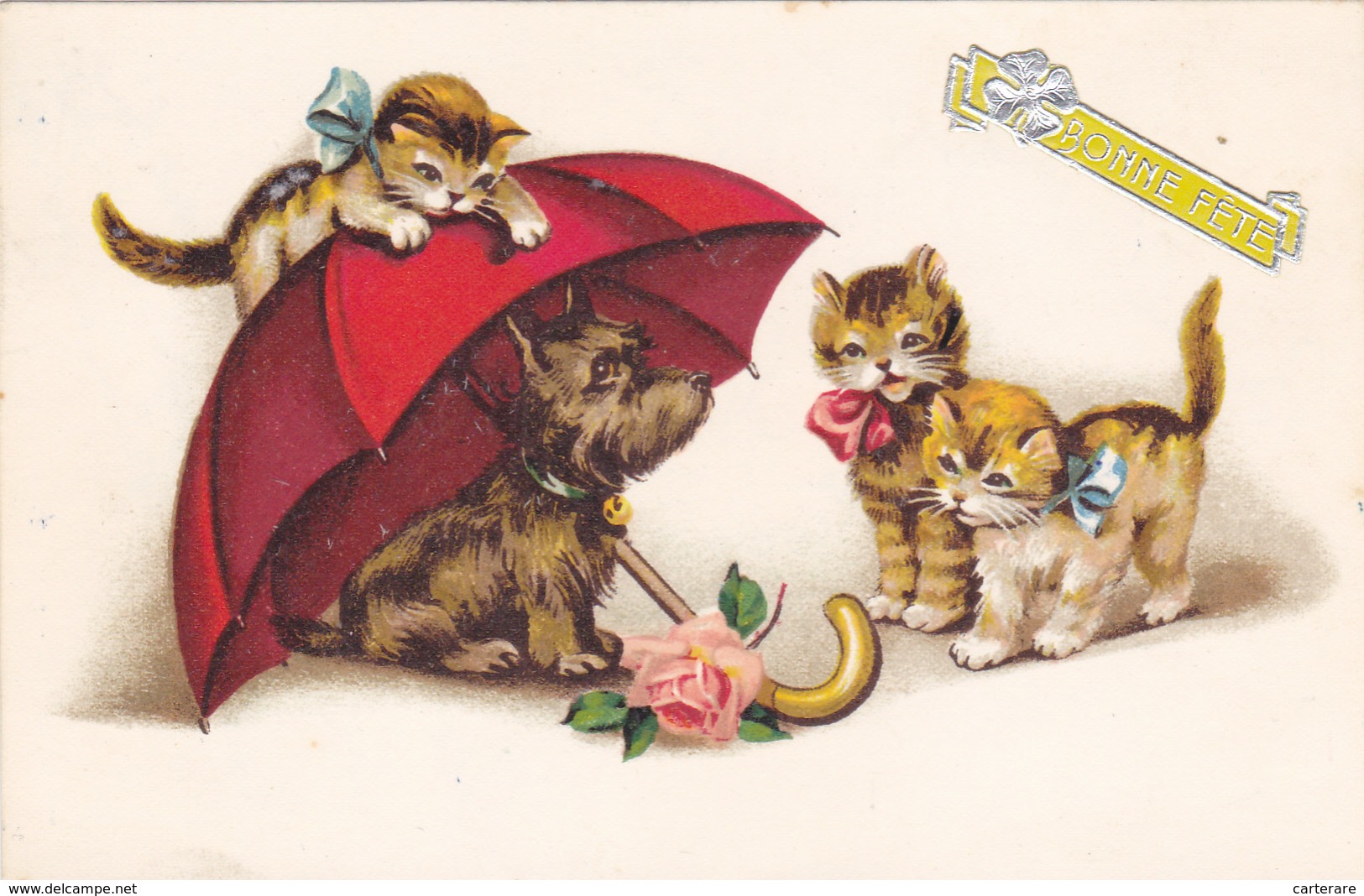 Carte Haute Game De Luxe De Bonne Fete Avec Les Chatons,et Chien,parasol,rose,et Bonne Fete En Relief,CAT,CHATON - Cats