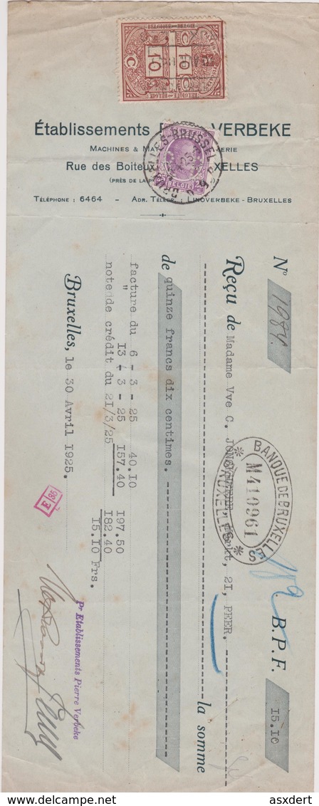 198 - Houyoux - Perfin " B.B." - Timbre Fiscal - Rreçu - Etbl. Pierre Verbeke  1925 - 1909-34