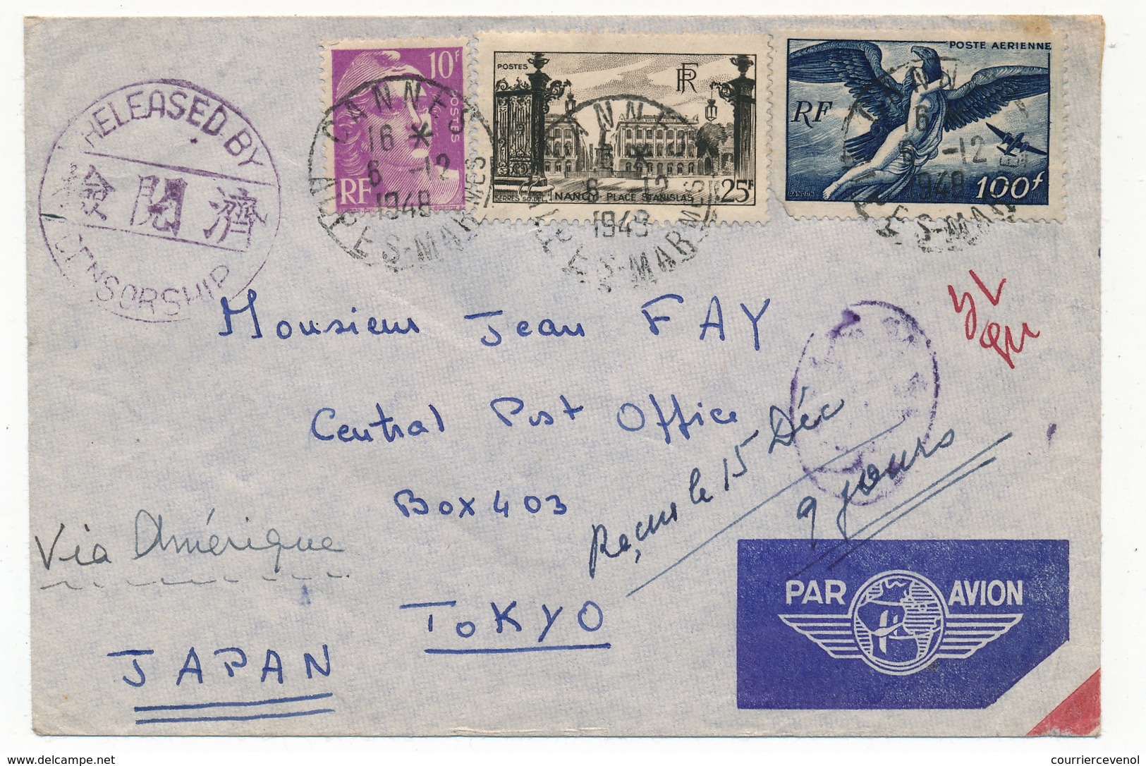 FRANCE / JAPON - Enveloppe Affranchissement Composé De Cannes 1948 Avec Censure Américaine Bilingue => Tokio - Lettres & Documents