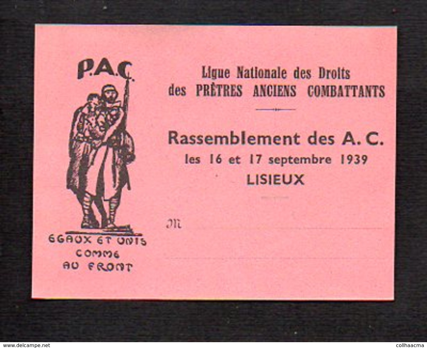 Militaria 1939 Carte De Congressiste De Lisieux (vierge) Ligue Nationale Des Droits Des Prêtres Anciens Combattants - Optique