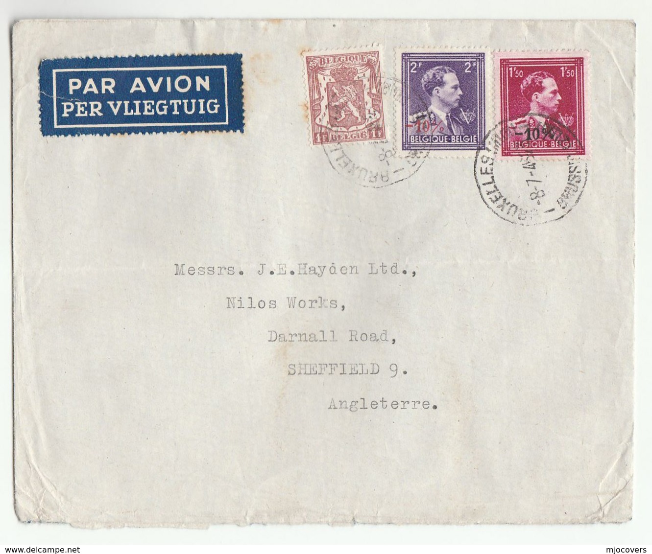 1946 Air Mail BELGIUM COVER  Stamps HERALDIC LION ,  Leopald OVPT , Airmail Label - Covers & Documents