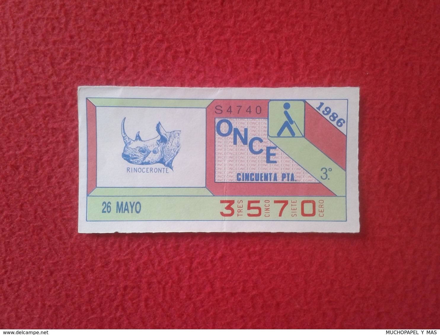 CUPÓN DE ONCE SPANISH LOTERY CIEGOS SPAIN LOTERÍA ESPAÑOLA ESPAÑA BLIND 1986 ANIMALES ANIMALS ANIMAL RINOCERONTE RHINO - Billetes De Lotería