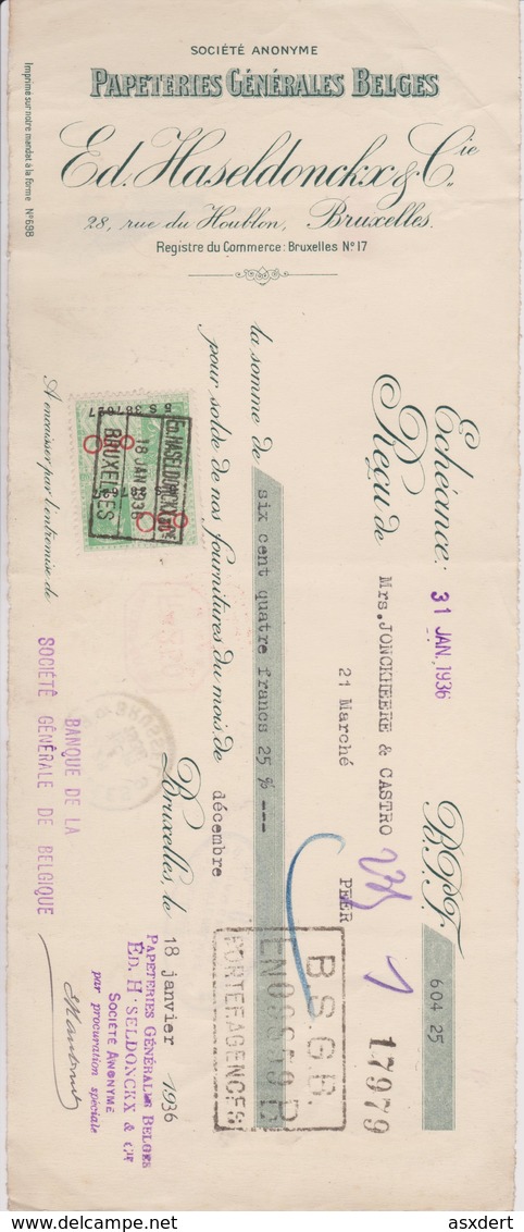 1936 - RECU - TIMBRE Fiscal  - Papeterie - Ed. Haseldonckx & Cie. - Printing & Stationeries