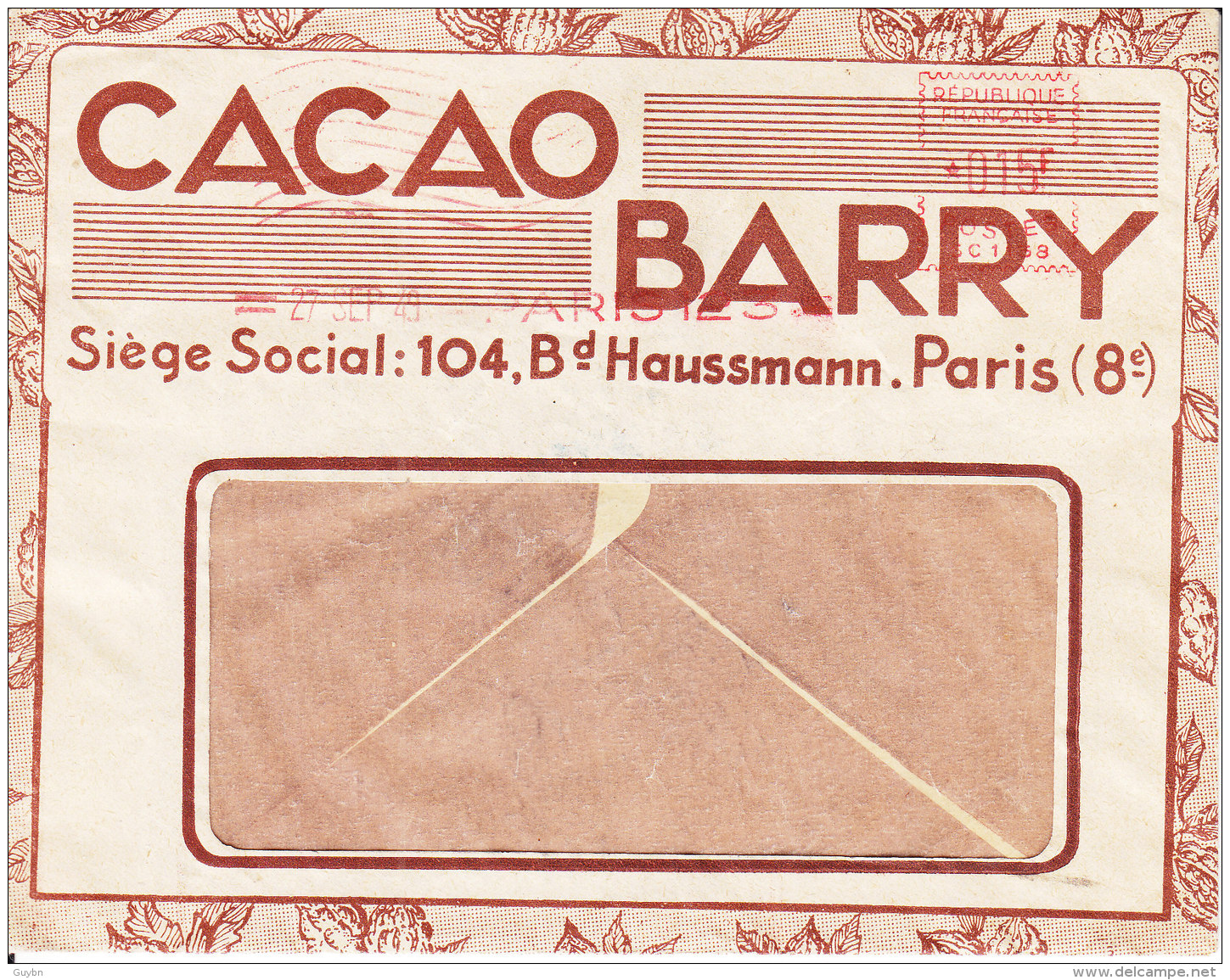 _ Cacao, Chocolat Feves Chocolat Enveloppe Publicitaire Barry .. Obl 015F Paris123 .. Tb - Tabaco