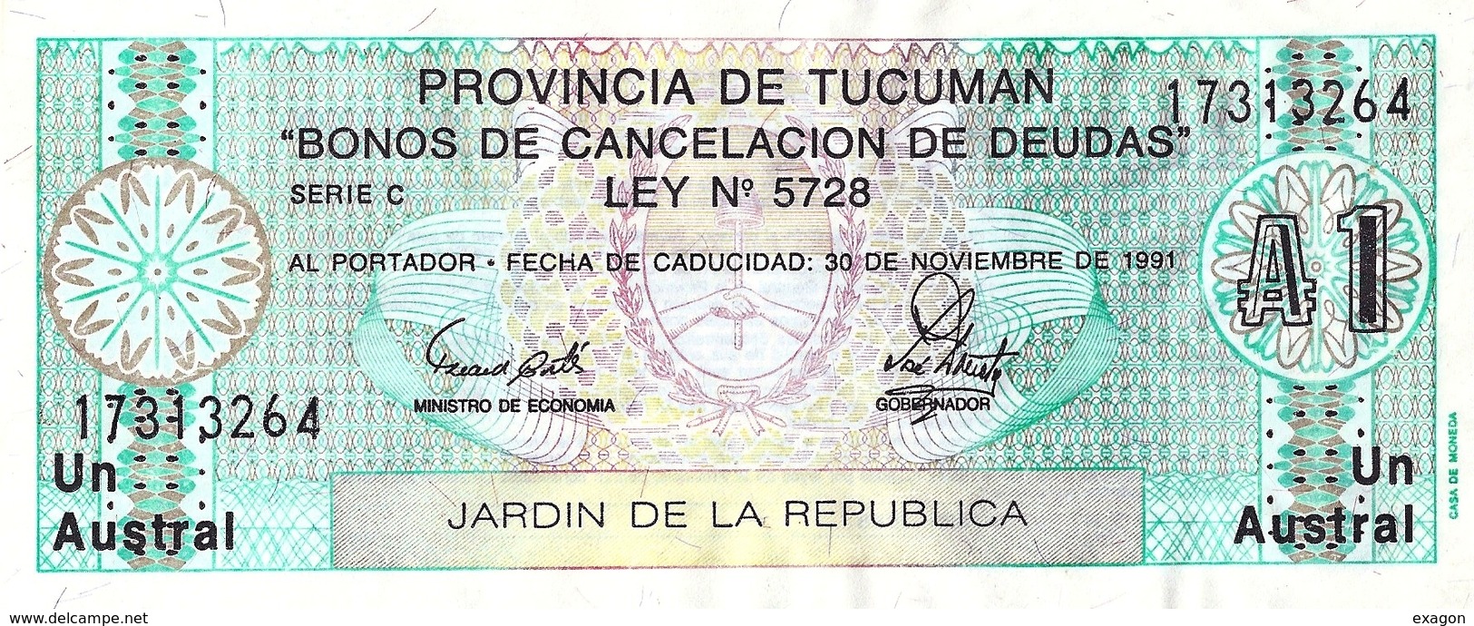 N. 1  Banconota  Da  1 Austral -   Provincia De Tucuman  -  ARGENTINA   -  Anno  Decreto 1988. - Argentine