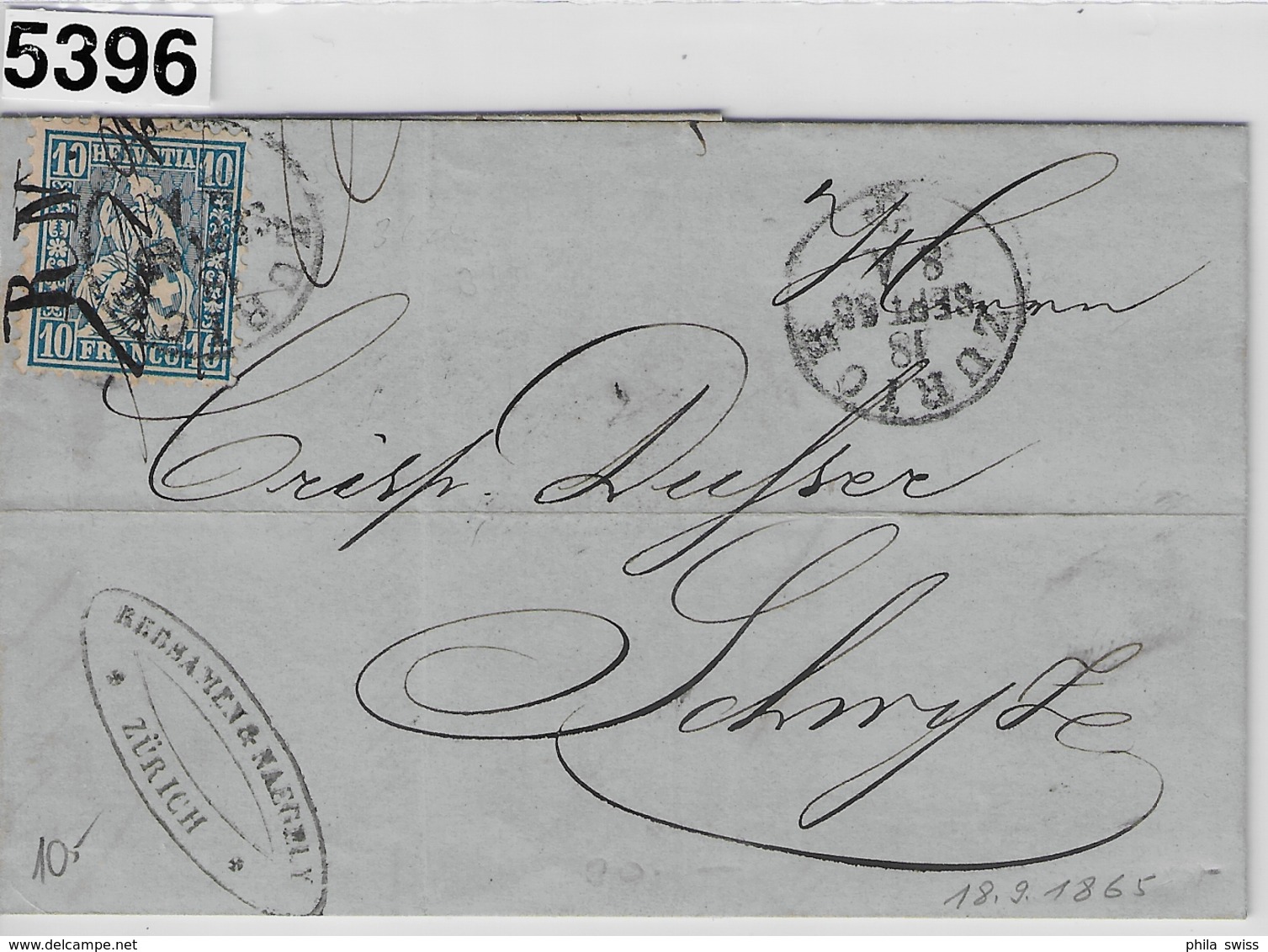 1865 Sitzende Helvetia/Helvétie Assise 31/23 Zürich 18. Sept. 65 To Schwyz (Rebsamen & Naegely Malerbedürfnisse - Briefe U. Dokumente