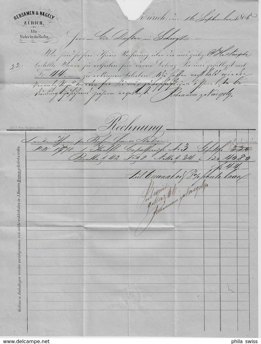 1865 Sitzende Helvetia/Helvétie Assise 31/23 Zürich 18. Sept. 65 To Schwyz (Rebsamen & Naegely Malerbedürfnisse - Briefe U. Dokumente