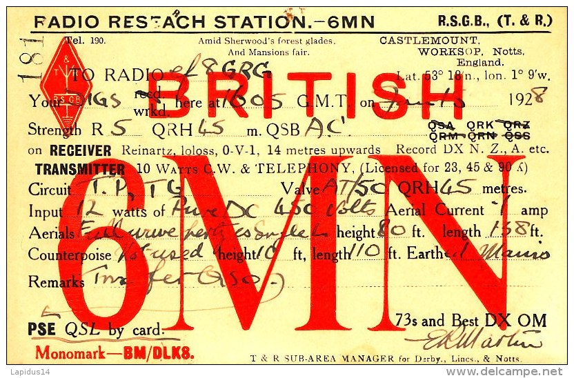 R 01 / CARTE FICHE RADIO AMATEUR 6 MN  BRITISH - Radio Amateur